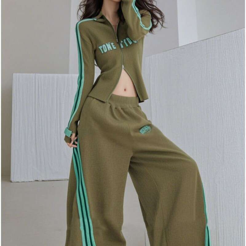 Green Print Stripe Two-Piece Set Sports Set plus Size Spring 2025 New Sle Casual Cotton Long Sve Zipper Closure Women's Suit