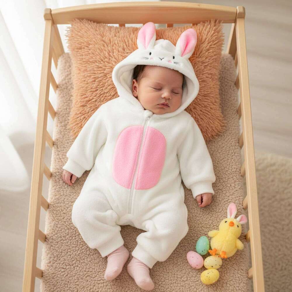 Infant Girl Boy Easter Rompers Long Sleeve Hooded Spring Full Zipper Fleece Rabbit Jumpsuit 26H0224