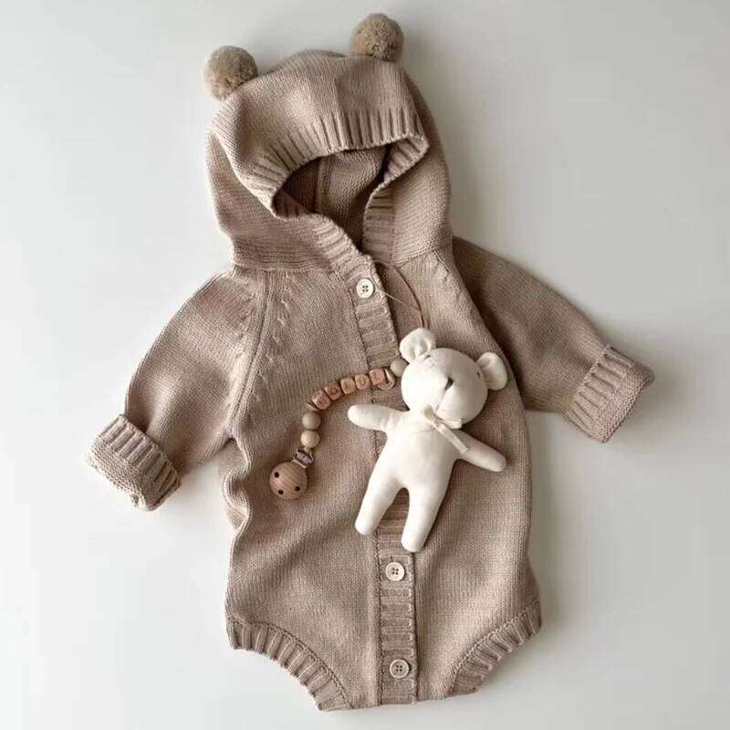 Winter 0-3 months clothes knitted teddy bear long sleeved newborn triangle for warm men and women baby jumpsuit 26H0224