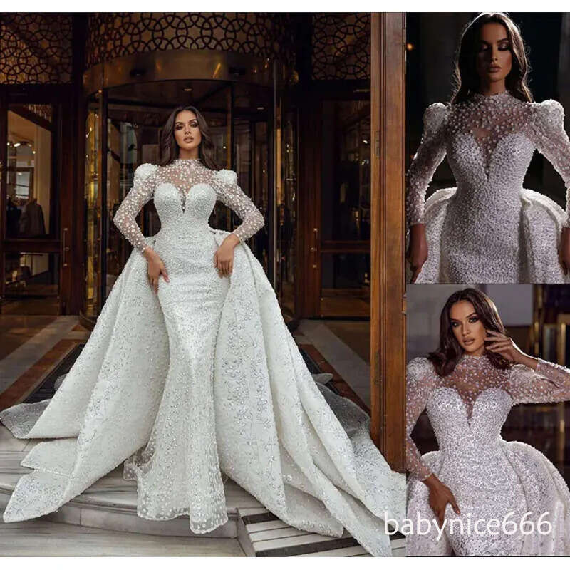 Dress Detachable With Wedding Mermaid Train Lace Pearl Crystal Arabic Trumpet Bridal Gowns Long Sleeves Robe