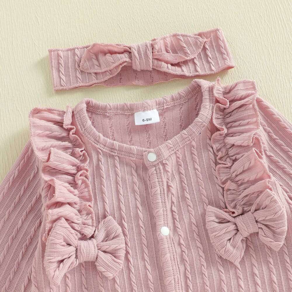 Baby Girl Footed Romper Duck Solid Color Ruffled Long Sleeve Round Neck Jumpsuit with Bow Headband 26H0224