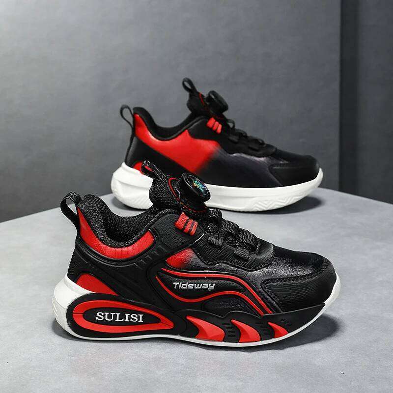 Children Sports Outdoor Breathe Anti Slip Tennis Pu Leather Lightweight Rotating Button Autumn Comfort Running Shoes 26W0224