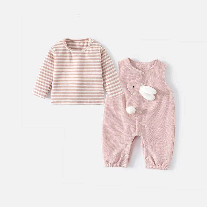 Baby Girl's Autumn Comfort Outfit Cute Bunny Suspender Pants & Striped T-Shirt 2-Piece Set Halloween Long-Sleeve Romper 26H0224