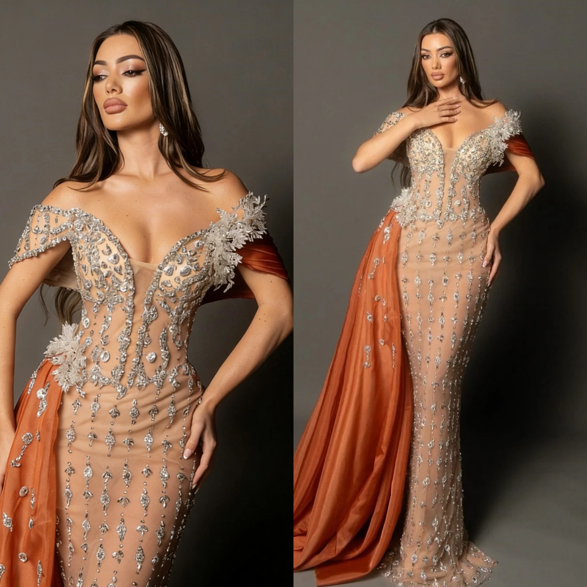 Modern Off Shoulder Evening Dresses Crystal Beaded Prom Dress Detachable Train Backless Customized Party Gowns Vestidos De Noche Plus Size