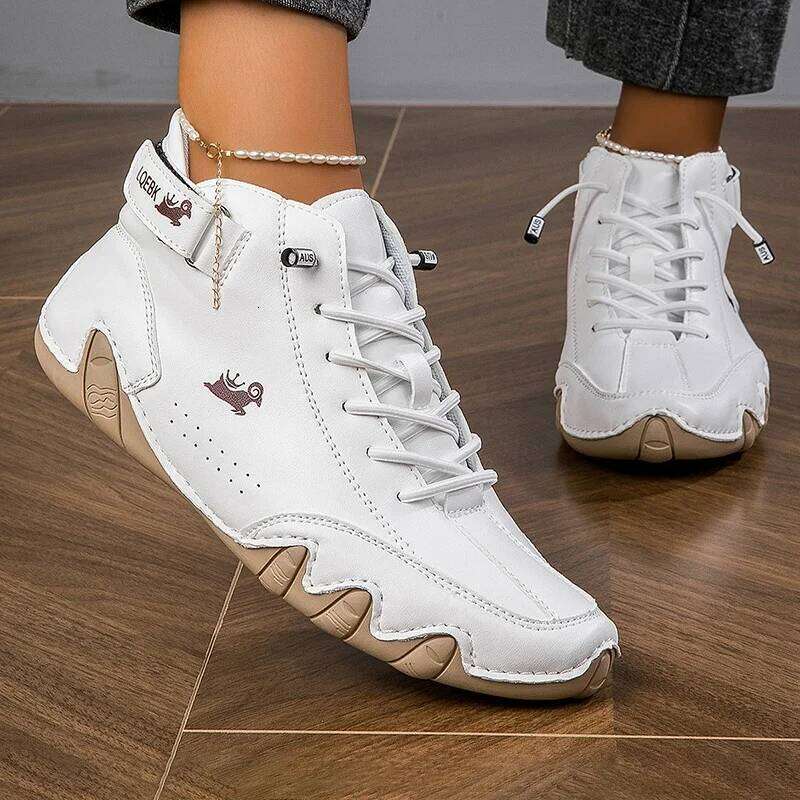 Women Nude Boots Leather Fashionable Lace Up Design Comfortable Soft Soled Daily Activities Walking Travel High Top Shoes