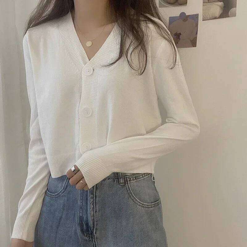 Solid Knitted 2024 Spring Autumn Long Sleeve Sweater Cardigan Women V Neck Short Top Office Ladies Slim Streetwear 26L0224