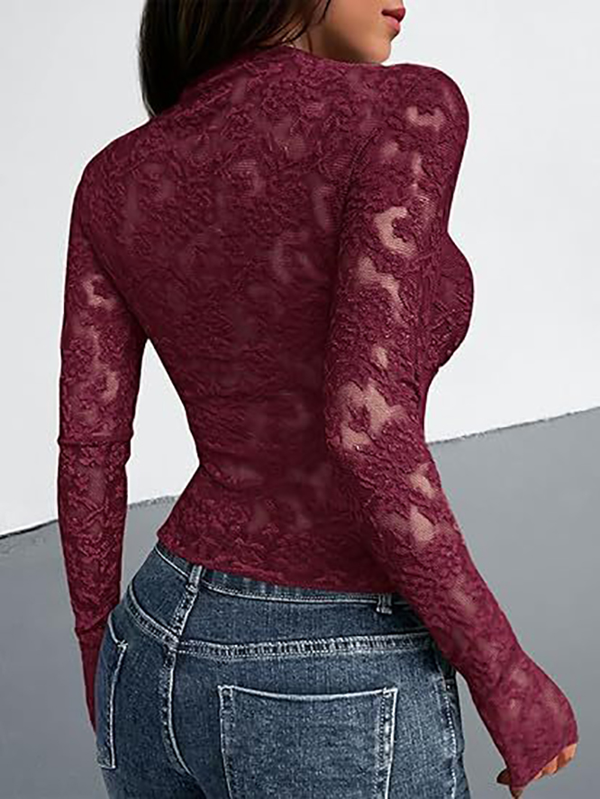 Summer Women's T-Shirt Long Sleeves See Through Lace Crop Top Solid Sexy Bodycon T-Shirt For Women Party Club Spring Summer Clothes