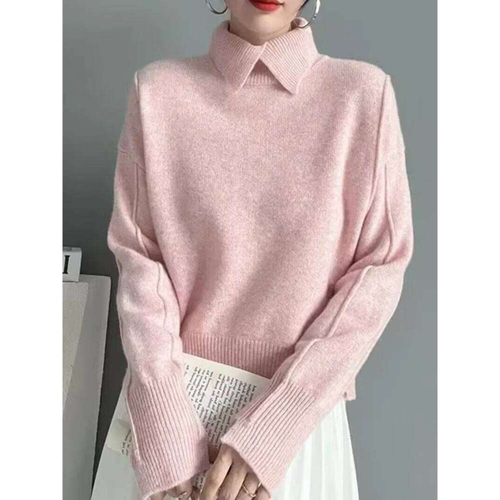 Polo Collar Knitted 2025 New Autumn Winter Women Elegant Solid Color Sweater Female Soft Pullover Casual Bottom Shirt 26W0224