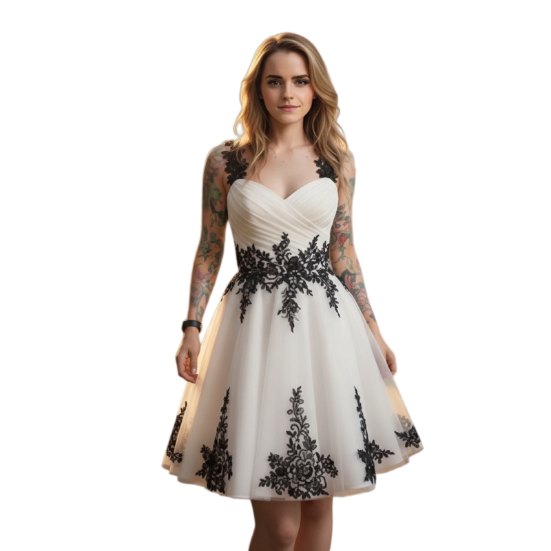 Black And White Short Civil Wedding Dresses A-Line Straps Vintage Bridal Gowns Lace Appliques Lace-Up Pleats Simple Garden bride Dress Customized