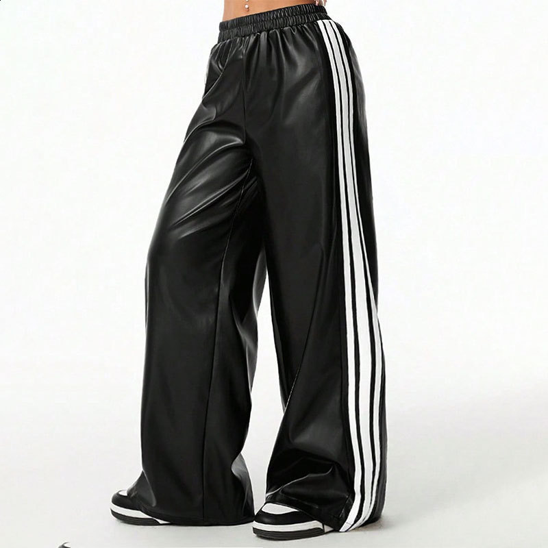 Mauroicardi Spring Autumn Cool Black Soft Stretchy Waterproof Pu Leather Pants for Men with Elastic Waist Loose Casual Clothes 240919