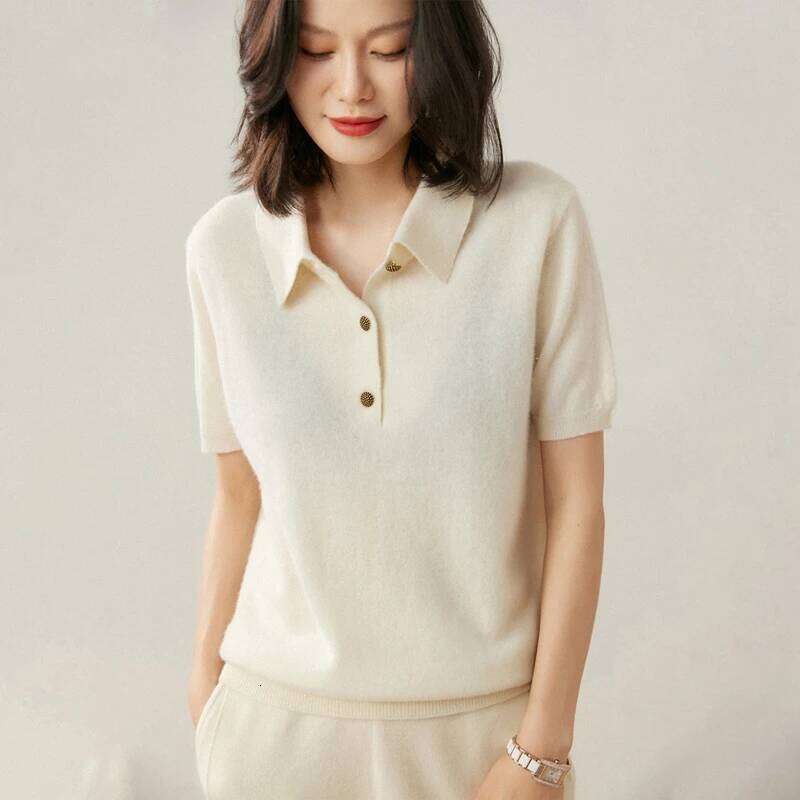 100% pure cashmere pullover short sleeved autumn/winter new women's T-shirt casual solid color knitted sweater POLO collar Tops 26W0224