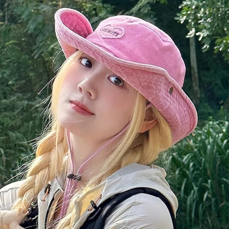 Japanese Retro Washed Cowboy Hats for Women Spring and Summer Outdoor Camping Sun Protection Sweet Pink Love Bucket Caps 260206