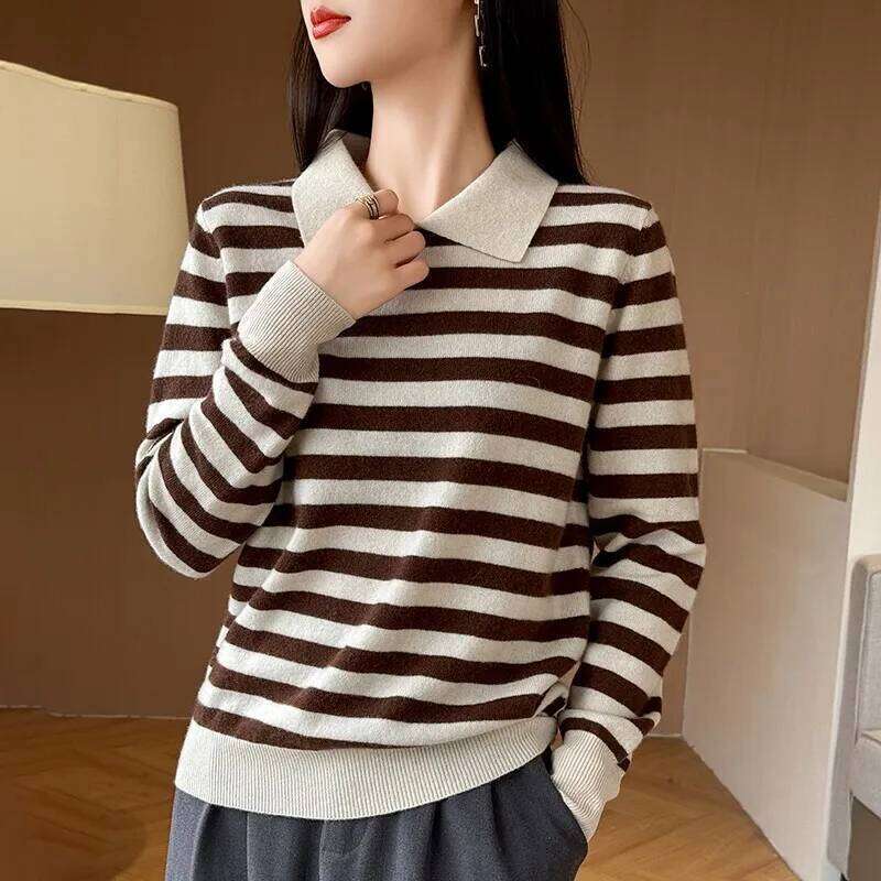 Autumn Winter Woman 100% Merino Wool Sweater POLO Collar Pullover Colorful Stripes Knitwear Bottoming Clothing Long Sleeve Tops 26W0224