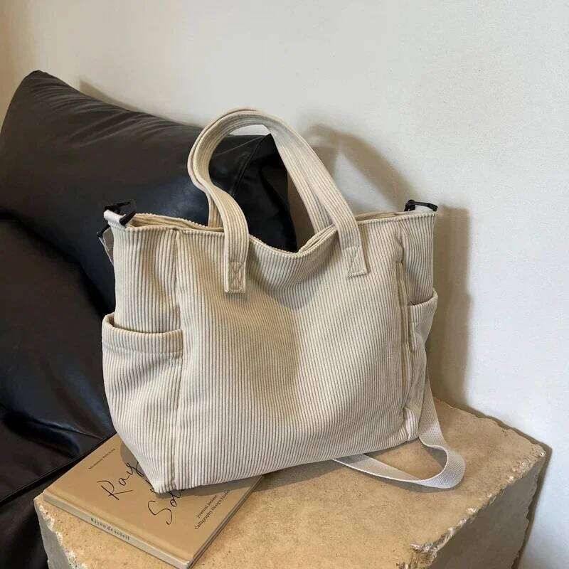 Fashionable Striped Velvet Handbag Simple Style Corduroy Shoulder Solid Color Large Capacity Commuting Women's Tote Bag Z260224