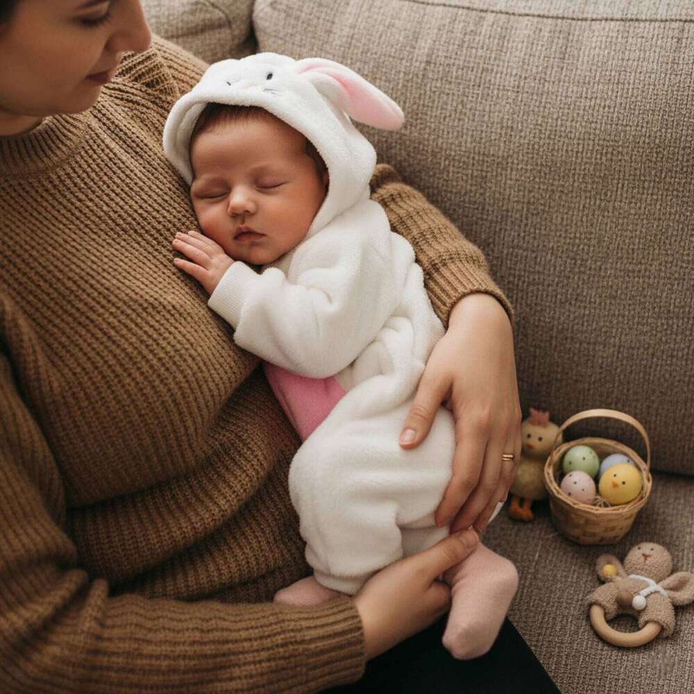 Infant Girl Boy Easter Rompers Long Sleeve Hooded Spring Full Zipper Fleece Rabbit Jumpsuit 26H0224