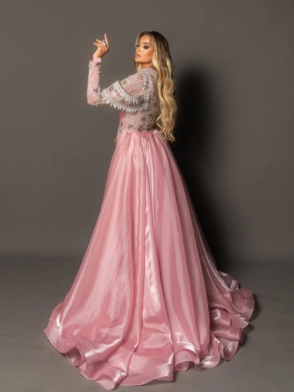 Gorgeous Evening Dresses High Neck Crystal Prom Dress with Detachable Train Long Sleeves Customized Party Gowns Vestidos De Noche Plus Size