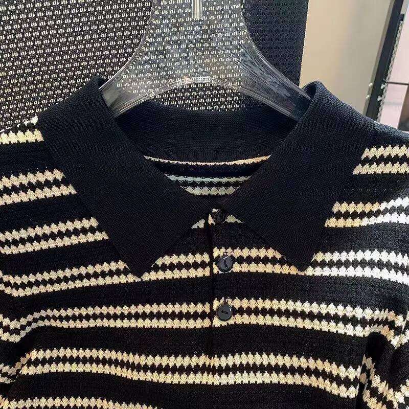 Summer New POLO Collar Fashion Short Sleeve Polo Shirts Women High Street Casual Striped Contrast Color Button Knitting Pullover 26W0224