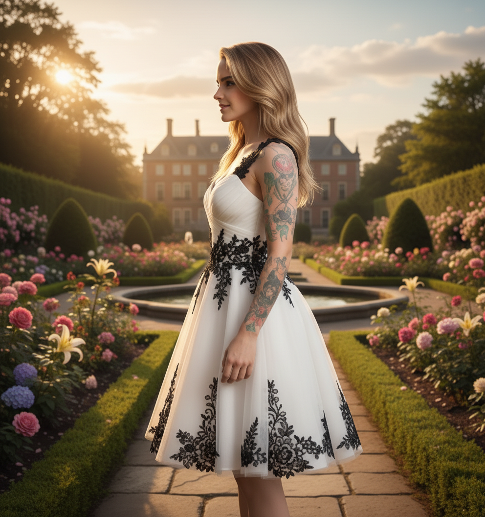 Black And White Short Civil Wedding Dresses A-Line Straps Vintage Bridal Gowns Lace Appliques Lace-Up Pleats Simple Garden bride Dress Customized