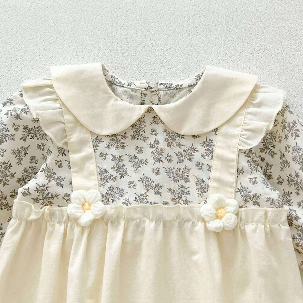 autumn Newborn Infant Girls Flower Romper Muslin Fake two pieces lapel Rompers Kids Onepiece Fashion Baby Clothing 26H0224