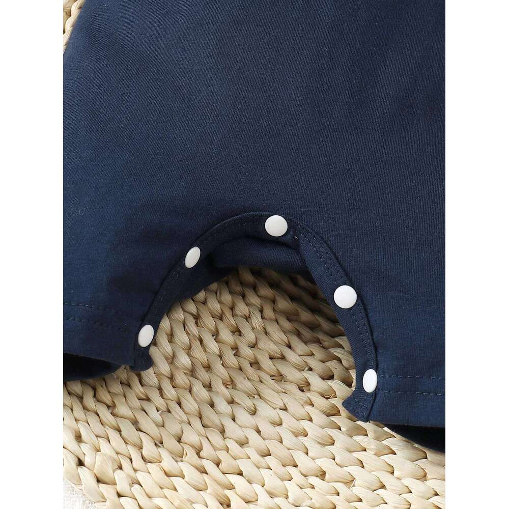 Summer Baby Boy 2pcs Cute Casual Solid Color And Striped Collared Short Sleeve Romper With Button Closure 26Y0224