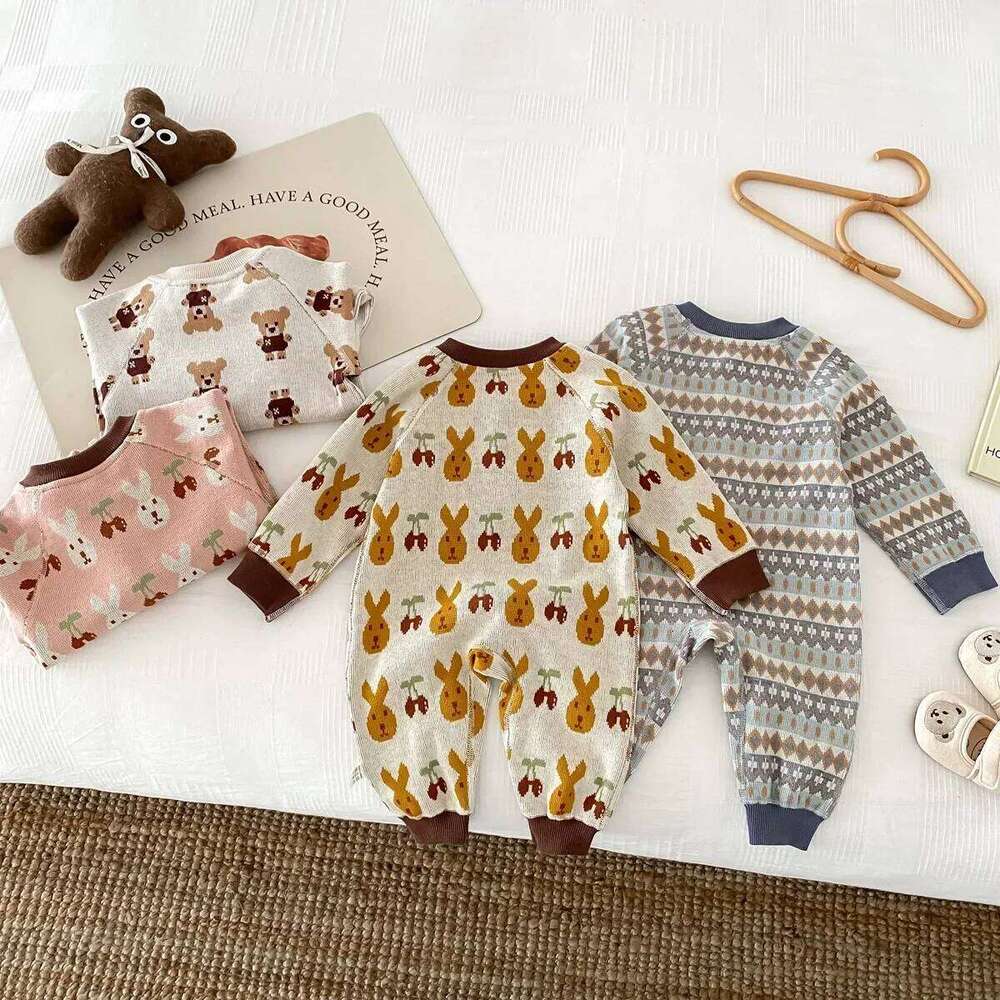 Winter New in Infant Kids Boys Girls Knitted Clothing, Newborn Baby Full Sleeve Print One-pieces - Toddler Romper 26H0224