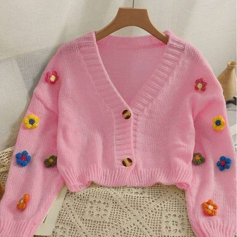 Sweet 3d Flower V Neck Knitted Cardigan Women 2025 Autumn New Long Sleeve Thin Sweater Coat Solid Versatile Short Tops 26L0224