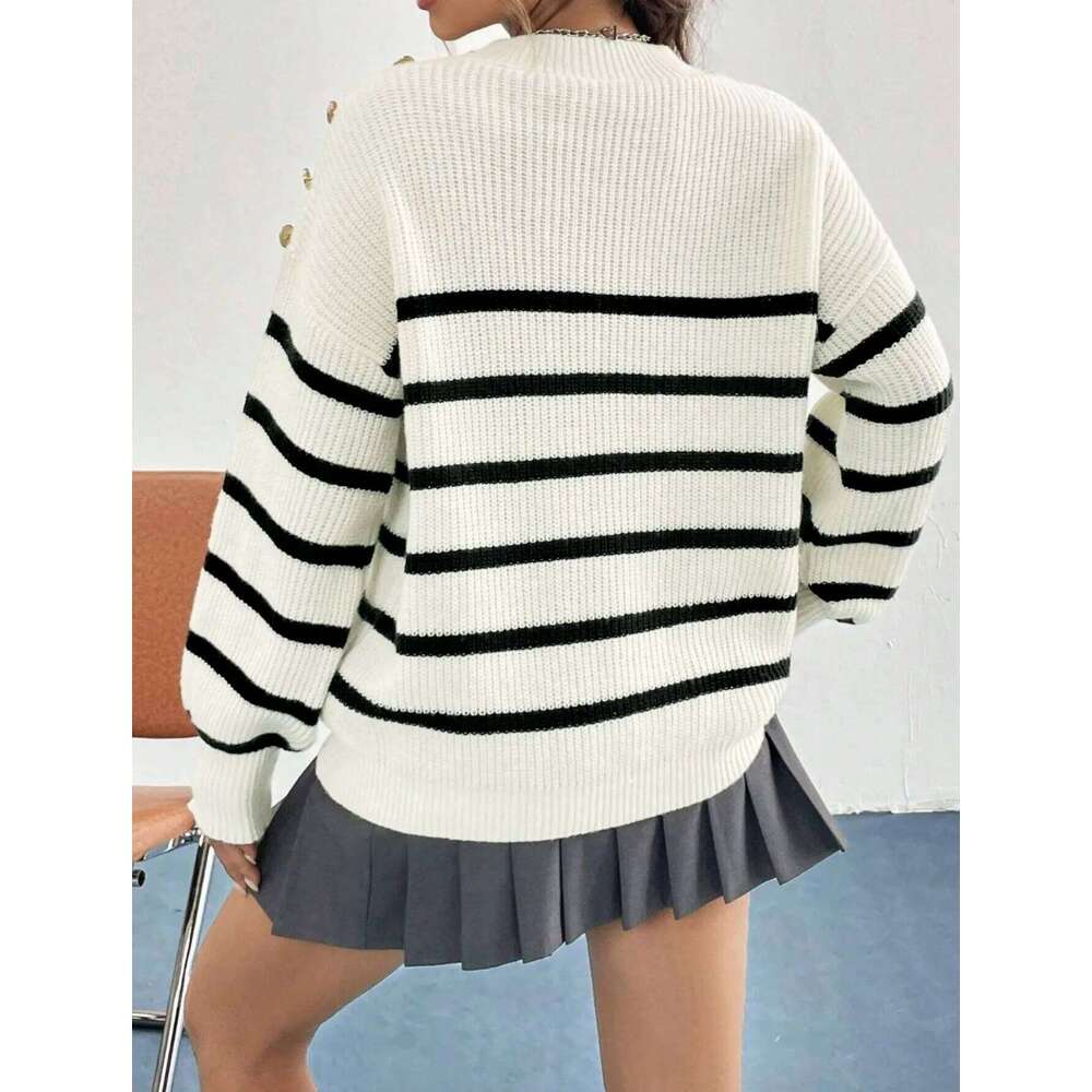 Women's White & Black Striped Knit Sweater Oversized Crew Neck Pullover with Shoulder Buttons 26L0224