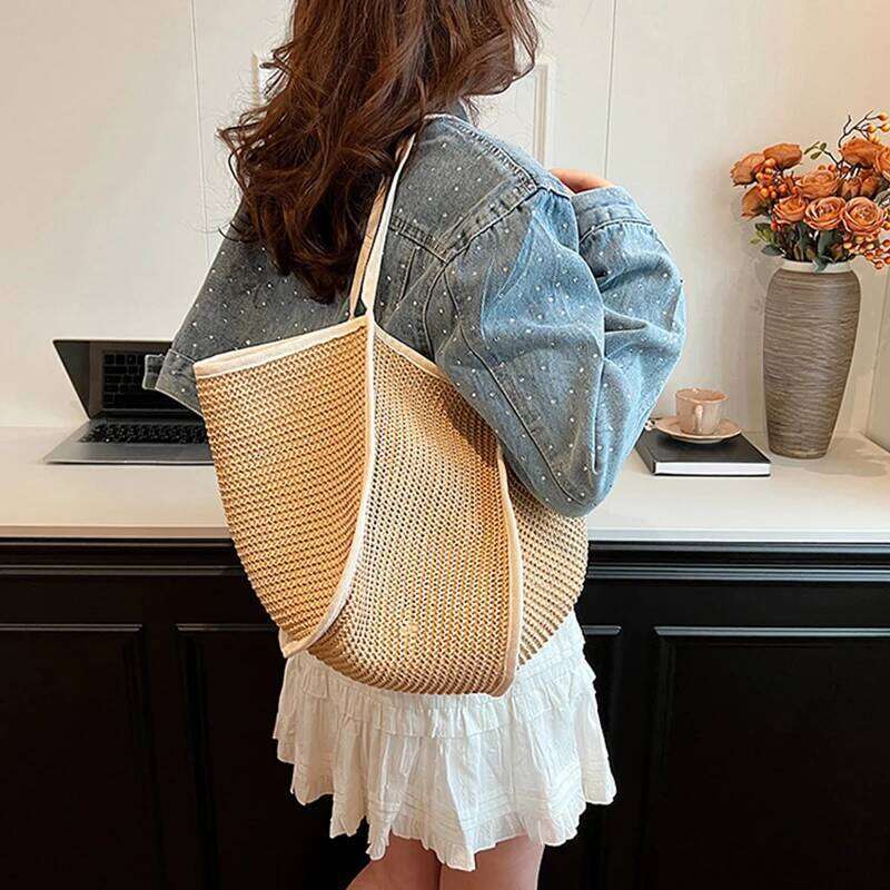 Leisure Hand-held Women Fashionable Splicing Tote Bag, New Trend Niche Design, Shoulder Grass Woven Bag Z260224