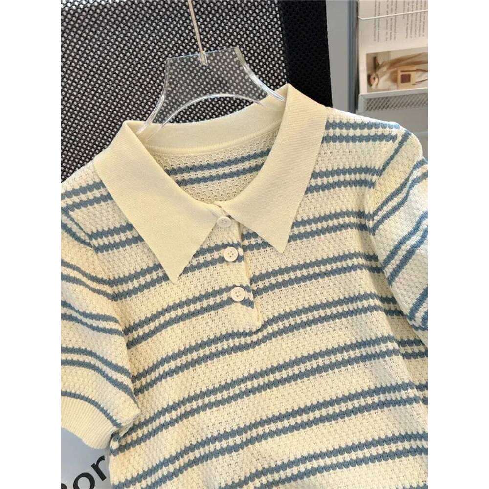 2025 Polo Neck New Womens Knitting T-Shirt Striped Short Sleeve Women Shirt for Female Slim Tops Woman T Shirts Clothing S145 26W0224