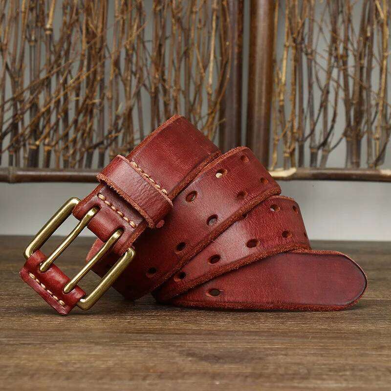 Retro trendy personalized double needle buckle genuine leather washed vegetable tanned top layer cowhide men new style belt Y260225