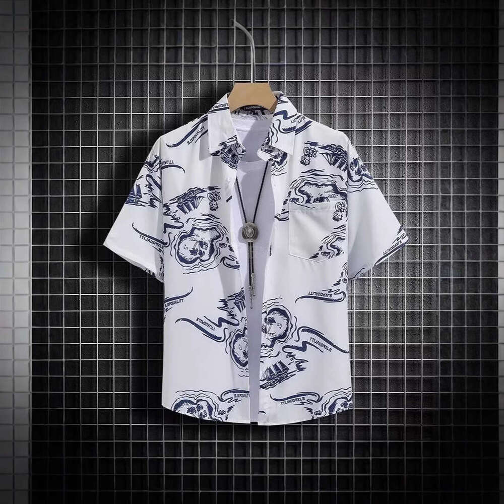 Men's Sleeve Shirt Breathable Summer Korean Style Trendy Printed Half Loose Cut Fits All Body Types, Perfect For Daily Outings And Beach Vacation
