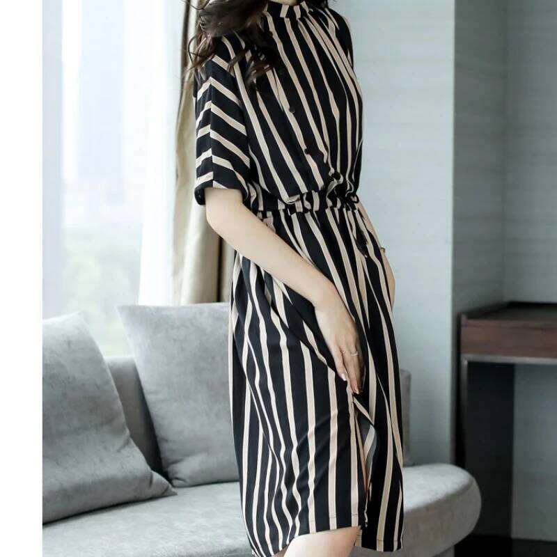 Striped Short-Sleeved Midi Dress Summer Aesthetic Clothes Korean Fashion Casual Office Lady Dresses for Women Vestidos XJ260225