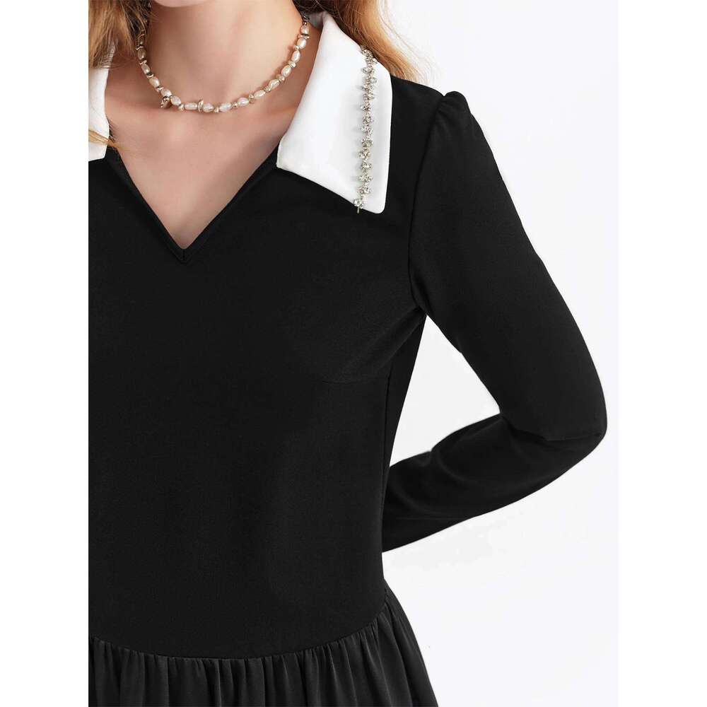 FSLE Beaded French-style Mini Black for Women Long Sleeve V-neck 2026 Early Spring New Style Elegant Annual Party Dress XJ260225