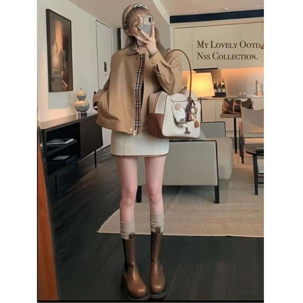 2026 New Autumn/Winter Korean Style Khaki Trench Plaid Turn-Down Collar Loose Short Jacket Coat Ins