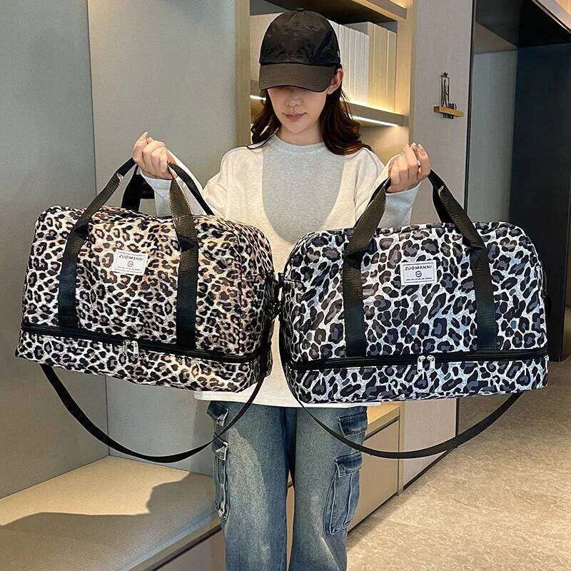 Fashionable Leopard Print Travel Bag, Large Capacity, Independent Shoe Compartment, Suitable for Travel, Fitness, Vacation, Etc Y260225