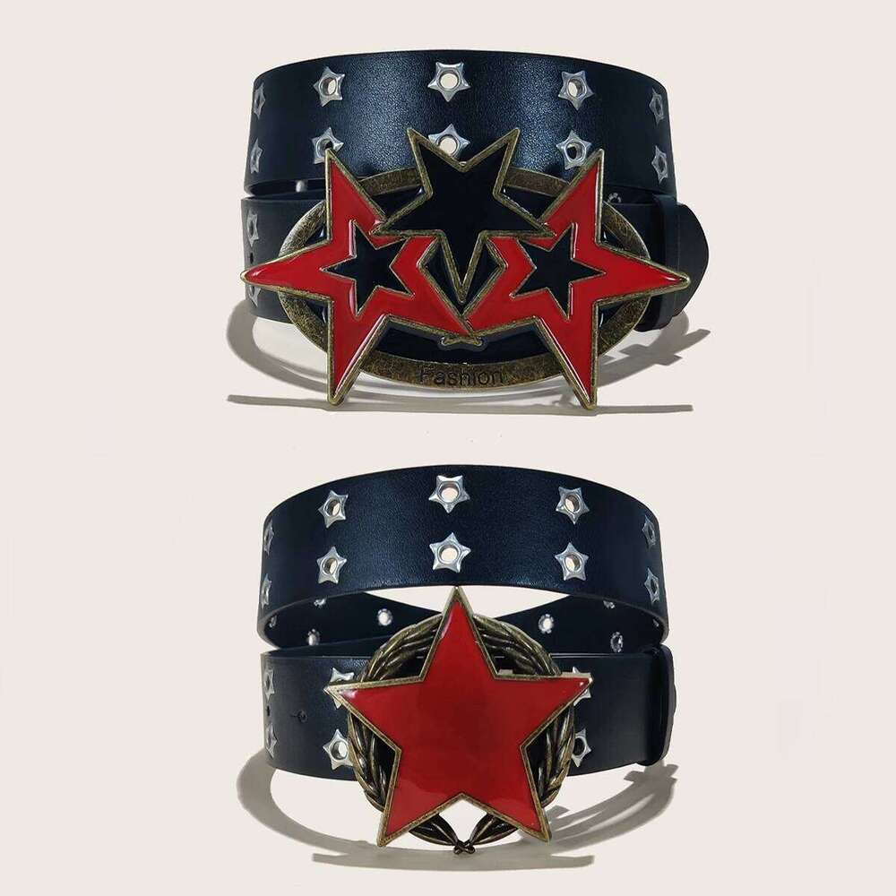 Men's Y2K Punk Fashion Red Six-pointed Star Buckle Gothic Accessories Versatile Jeans Leather for Woman Wide Plus Size Belt Y260225