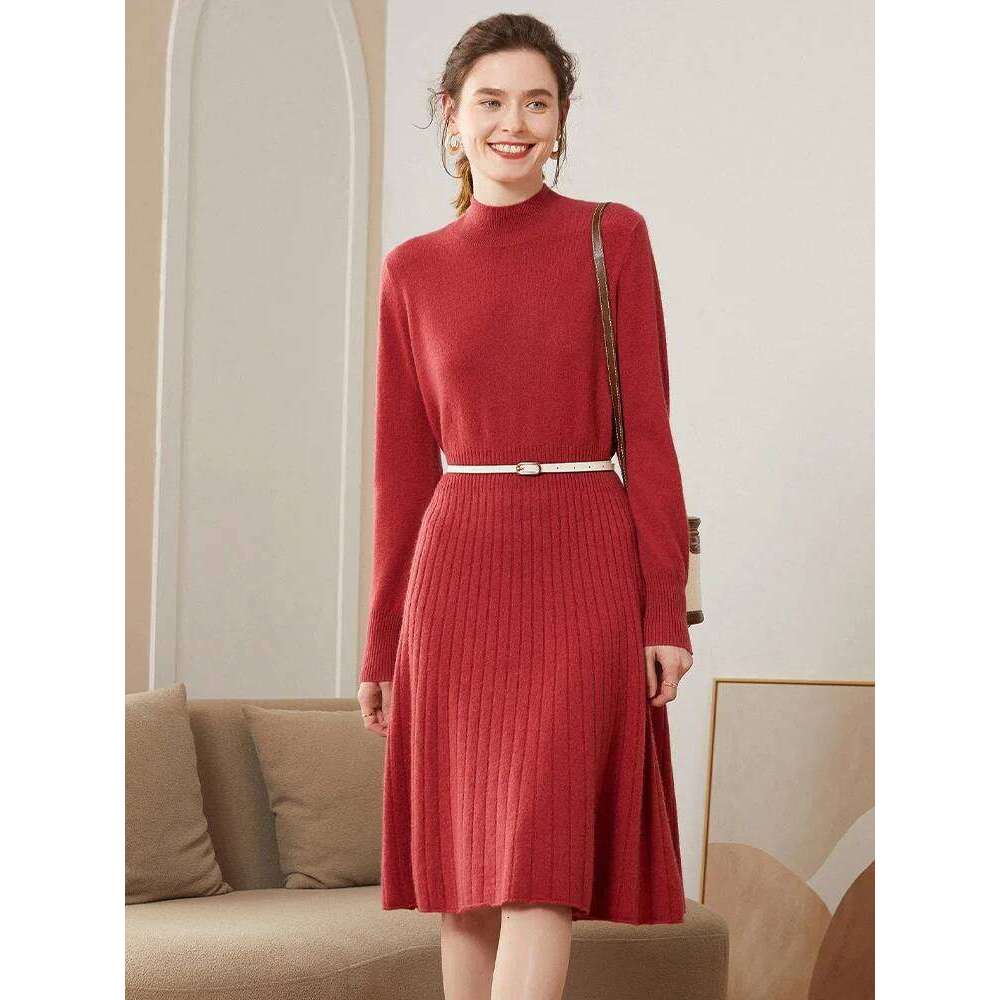 100% Pure Cashmere Pulllover Swearter Dress Women Autumn Winter Half High Collar Pleated High-end Elegant Slimming Knitted Skirt XJ260225
