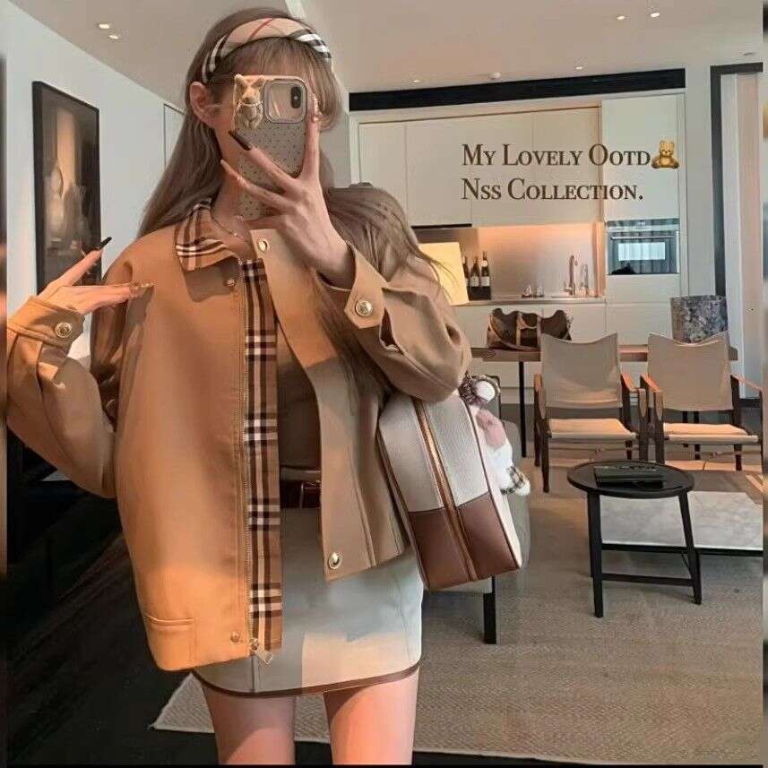 2026 New Autumn/Winter Korean Style Khaki Trench Plaid Turn-Down Collar Loose Short Jacket Coat Ins