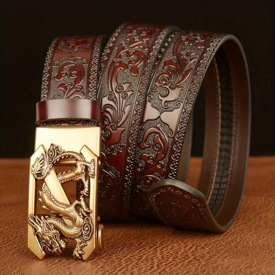 Men' Vintage Automatic Buckle Genuine Leather with Golden-Tone Dragon & Floral Embossed Design Black Casual Belt for Jeans Y260225