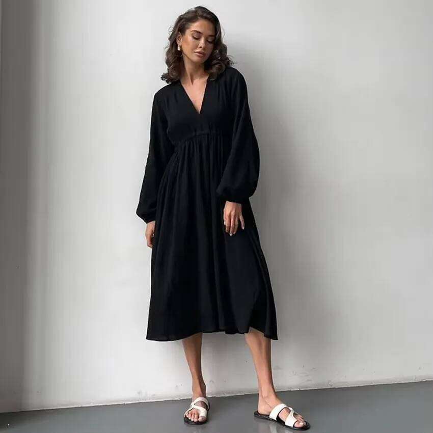 Elegant 100% Cotton Long Sleeve V-Neck High Waist Evening Party Dress Women Robe Girl White Midi Dresses Mori Look XJ260225