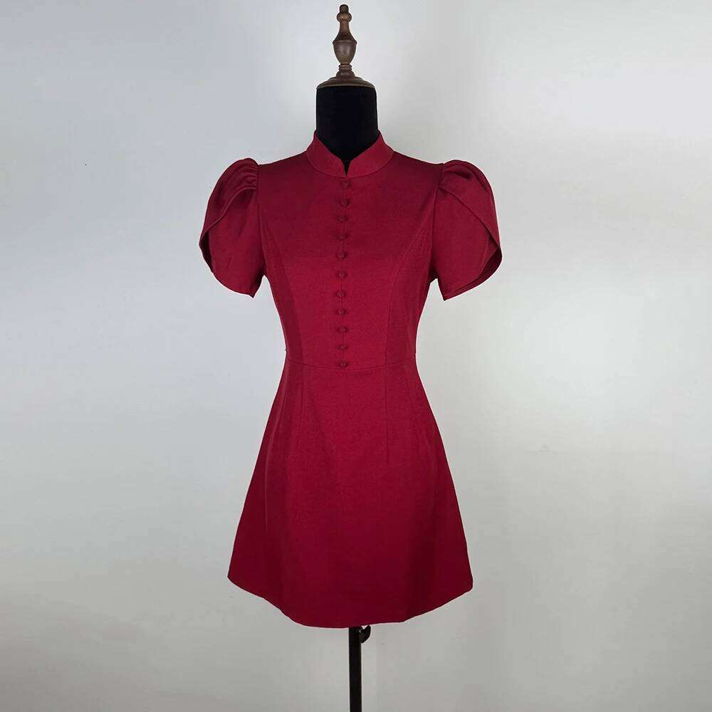 Ticketsx Puff Sleeve Mini Women's Stand Collar Sing Breasted Waist-Cinching Elegant Female Evening Party Slim Dress XJ260225