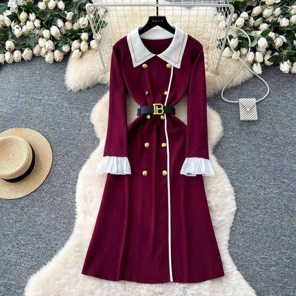 YuooMuoo Brand Fashion Aesthetic Knitted Long Autumn Winter Women Elegant Double-breasted Shirt Sweater Dress Lady Vestido XJ260225