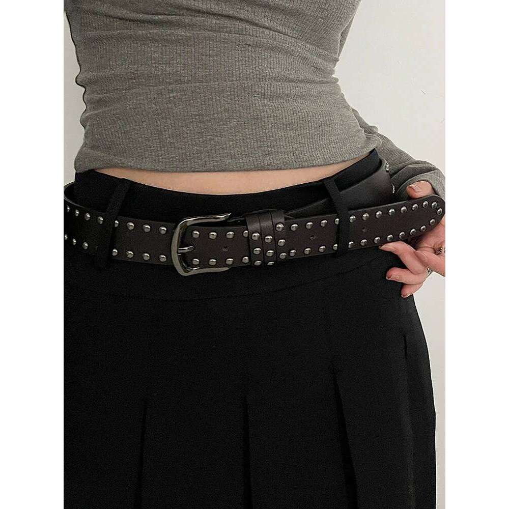 2026 New Women Women's Jeans Tie-in Ladies' Personality Rivet Belt Senior Black Fashion Y260225