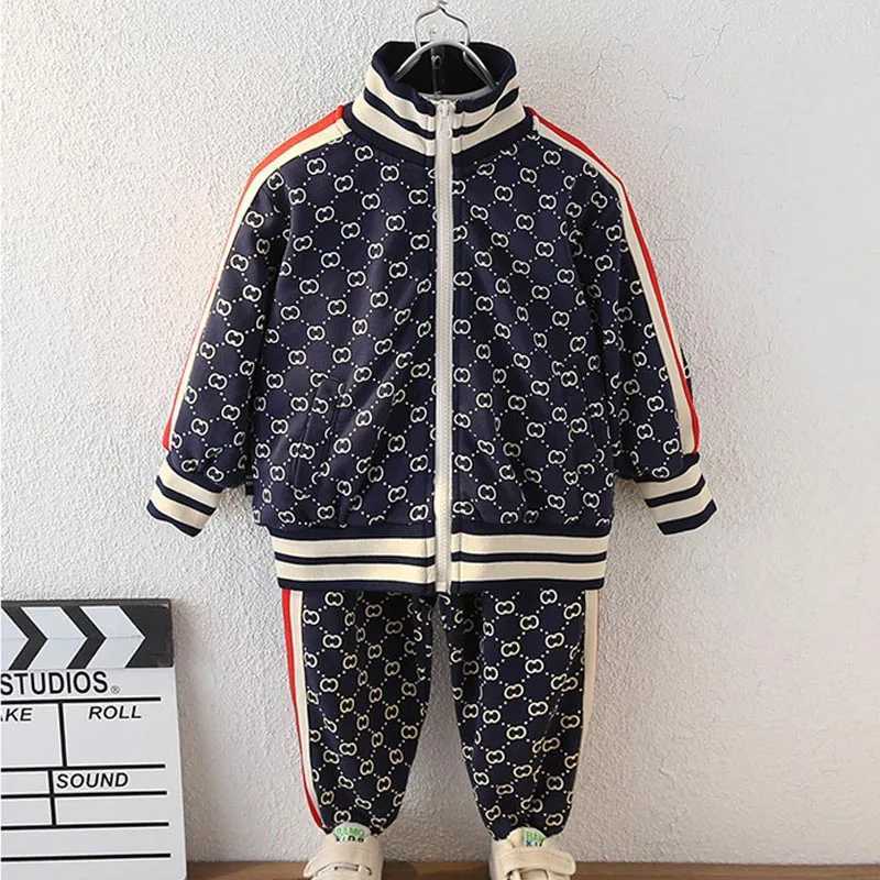 Tracksuit Set for Kids, Retro Monogram Full-Zip Jacket with Contrast Stripe Sleeves, Soft Cotton-Blend Activewear for Daily PlayT260225