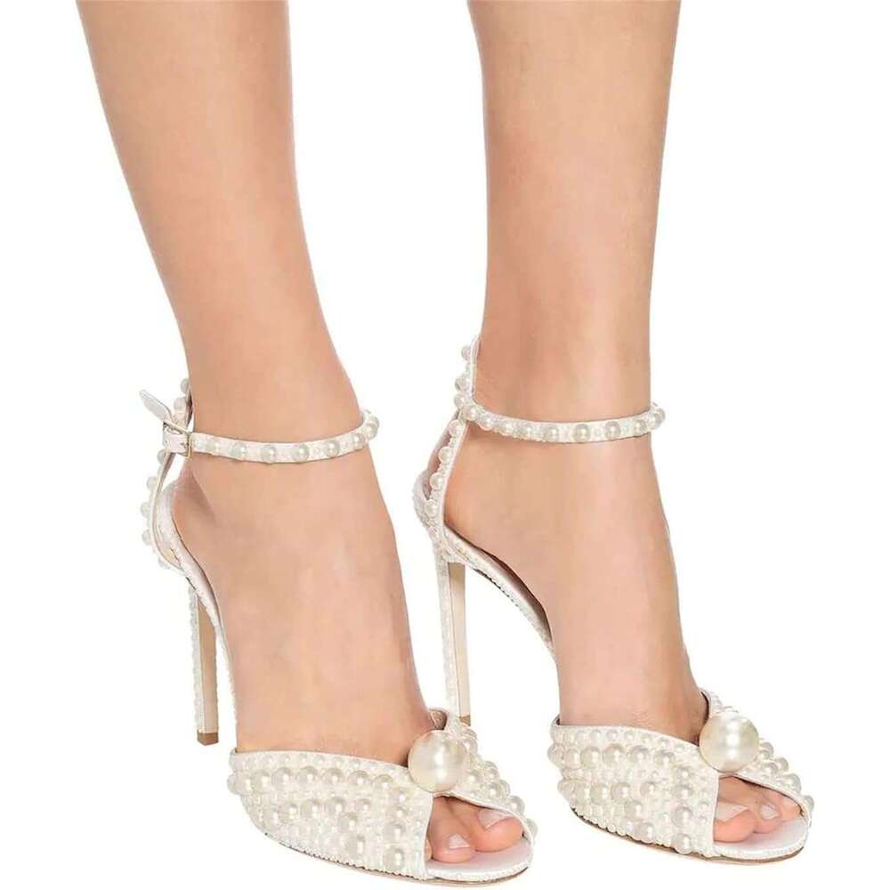Womens Peep Toe Stiletto Heeled Sandals Shiny Pearl Buckle Ankle Strap Wedding Pumps Dress Evening Bride Bridal Shoes