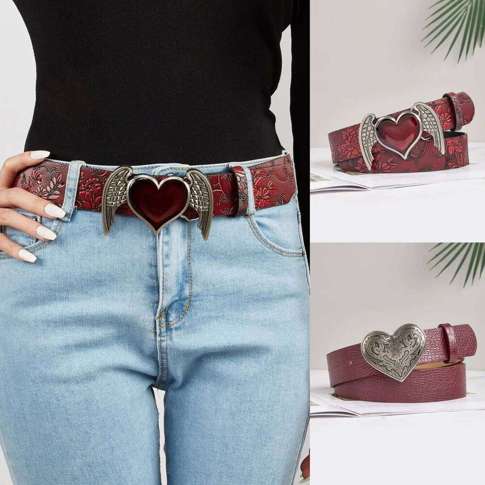 women's light luxury vintage metal angel gem heart-shaped buckle burgundy flower pattern belt, a versatile decorative belt for Y260225
