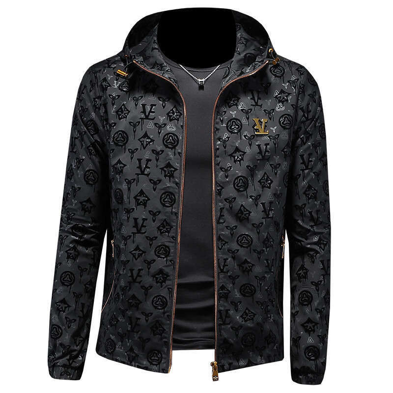 2025 Autumn New Flocked Hooded Jacket Printed Men's Reversible Coat Casual Trendy Brand Slim