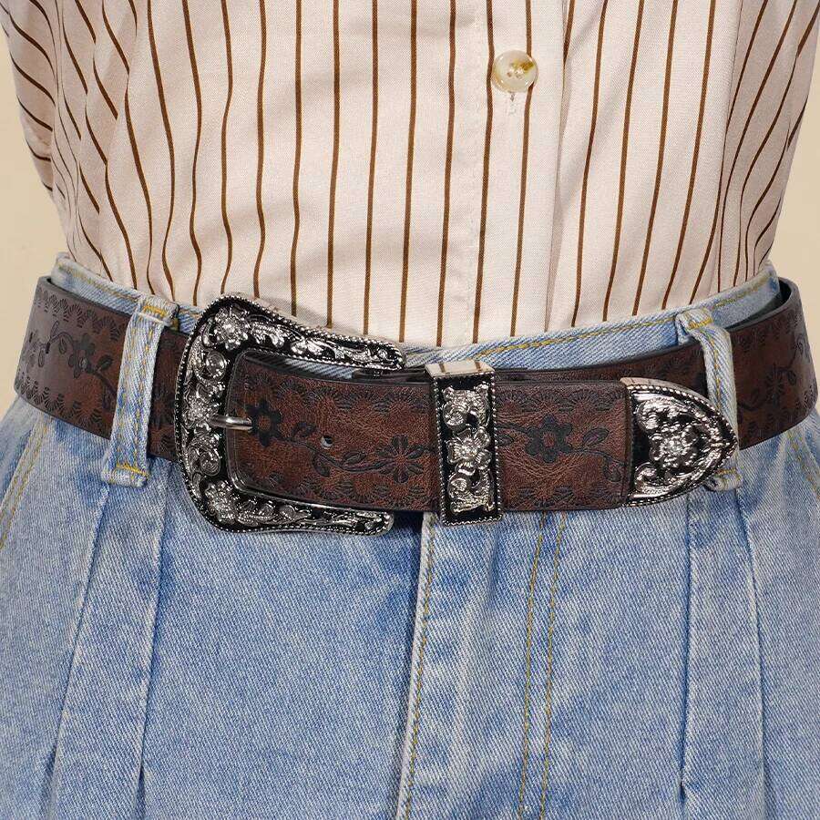Vintage Carved Buckle for Women Men - Brown Textured Floral Print Western Style Fashion Versatile Waistband Belt Y260225