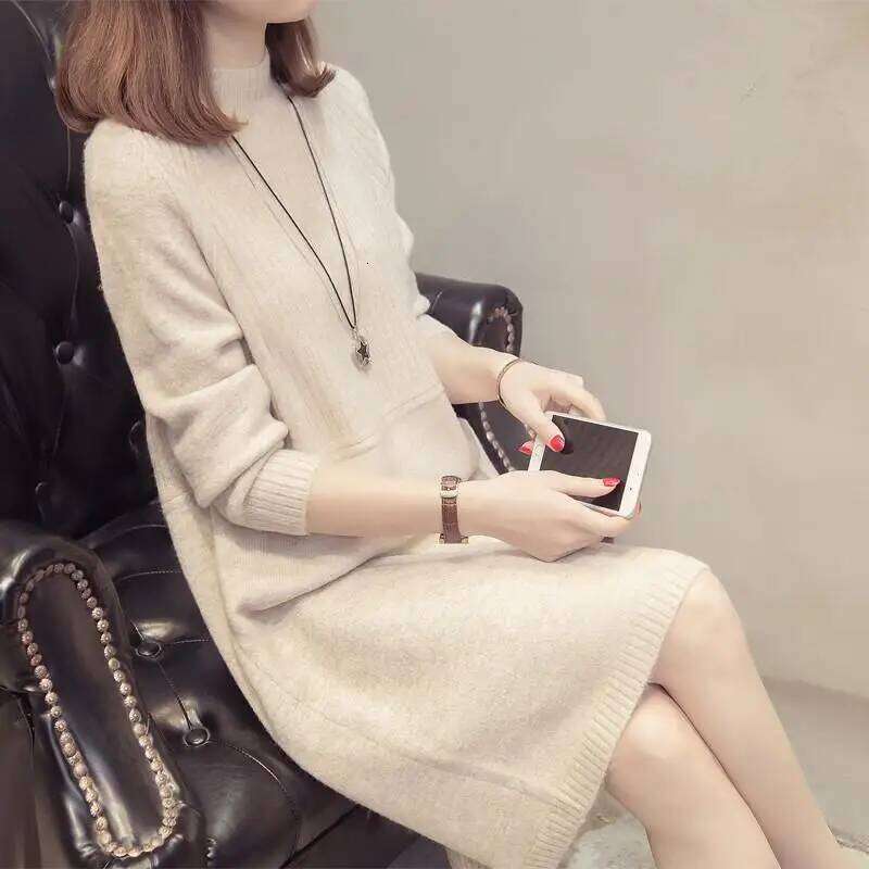 2023 Autumn and Winter Women's Pullover Half High Neck Sweater Solid Color Loose Mid Length Underlay Fashion Long Sleeve Dresses XJ260225