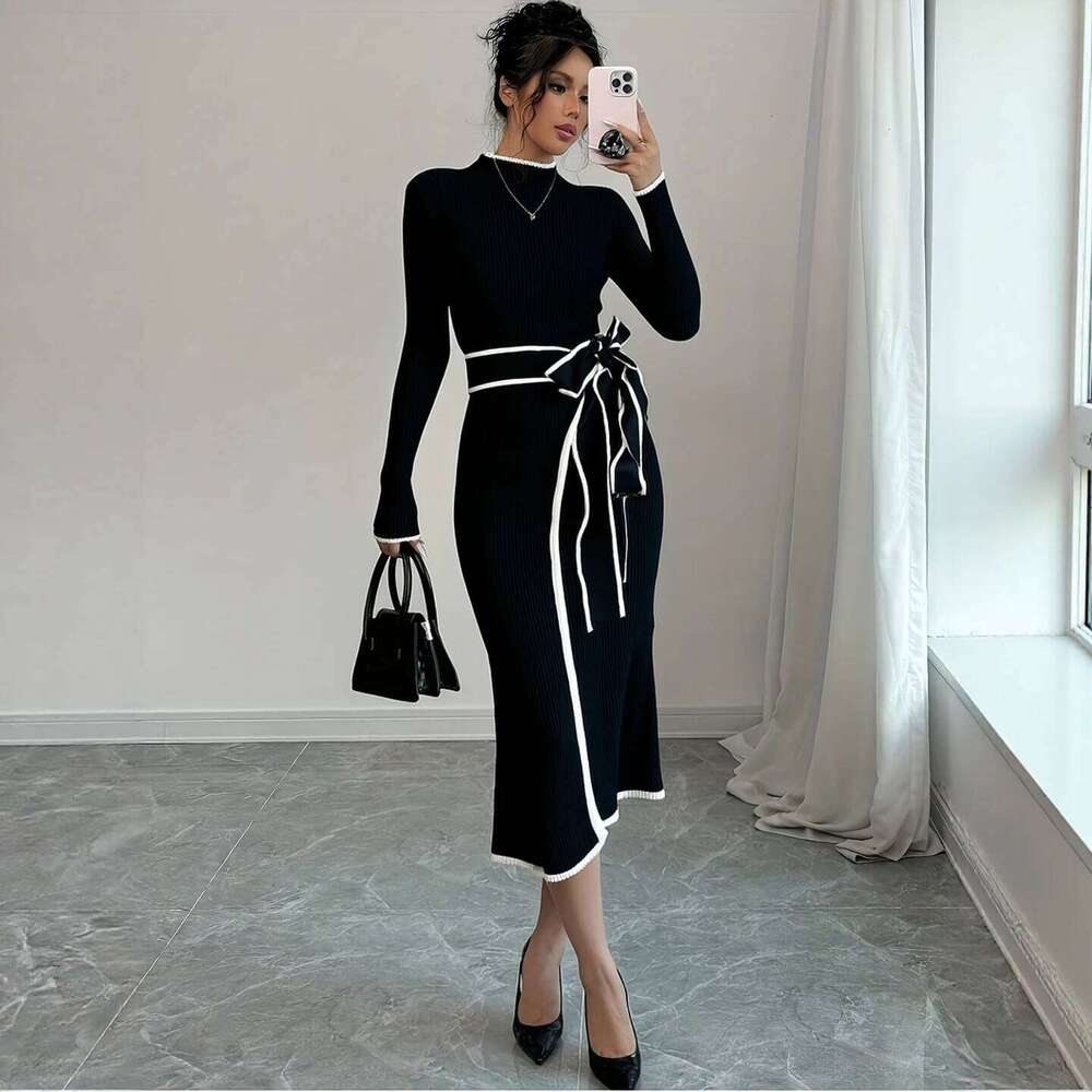 YuooMuoo 2025 New Arrival Women Knitted Elegant Slim Waist Long Sleeves Bodycon Sweater Dress Office Lady Vestidos XJ260225